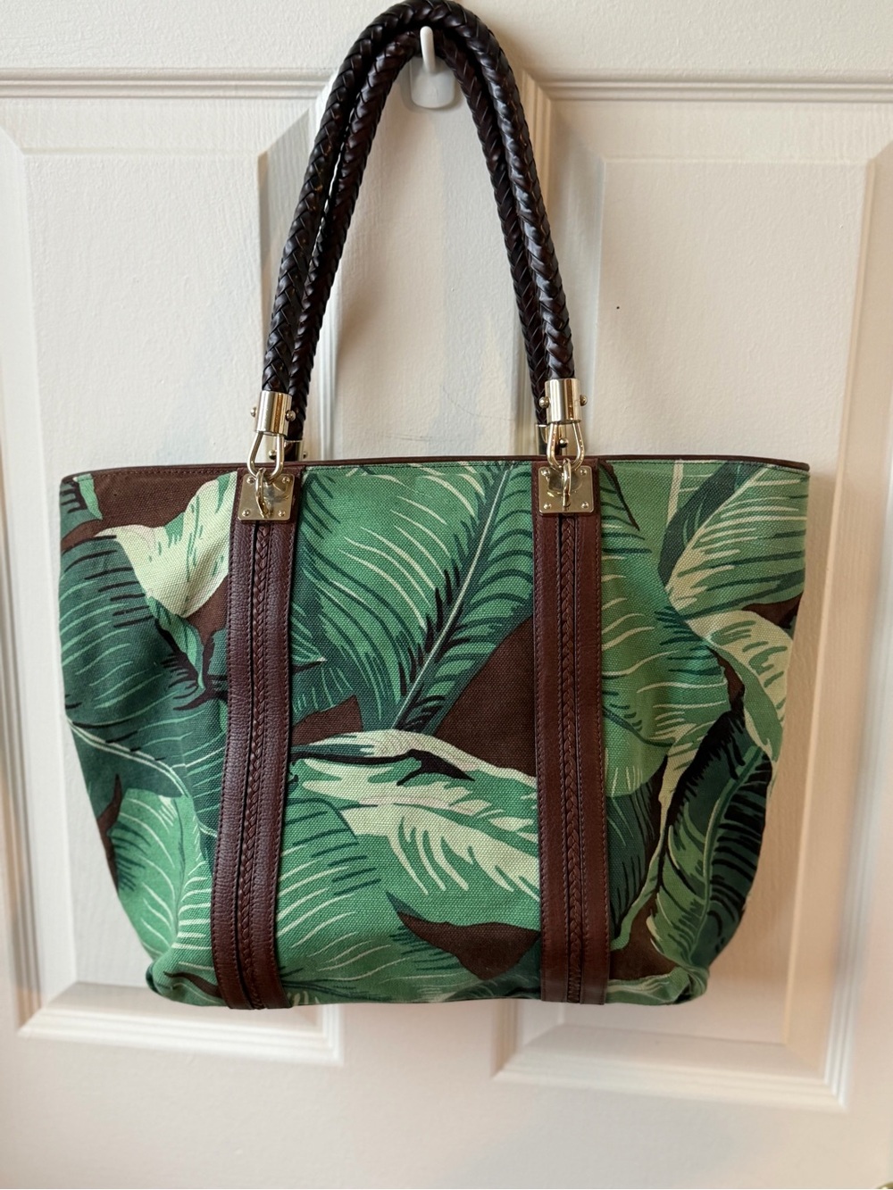 Michael Kors Green Leaf Canvas Tote with Brown Trim